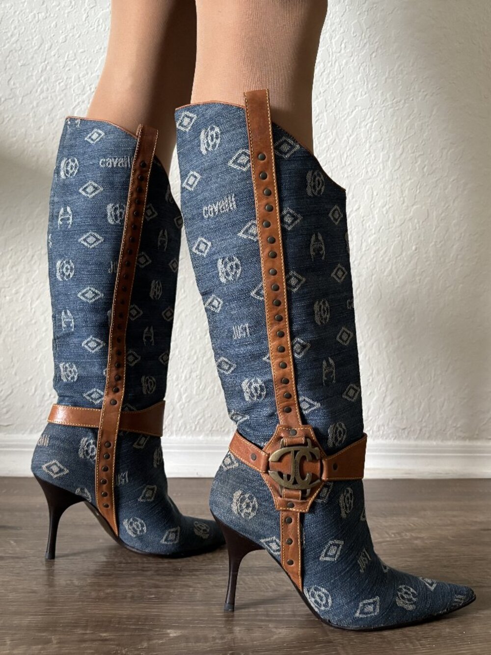 Vintage Just Cavalli Denim Knee-High Western Stiletto Boots - IT Size 38